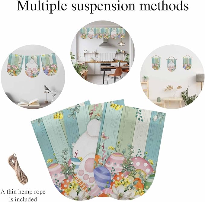 Cute Easter Bunny Banner 3Pcs Indoor Outdoor Hanging Banner Flag Eucalyptus Leaves Colorful Eggs Wooden Sign for Fireplace Mantel Decorative Bunting Garland Valance for Shop Door Decor 7.9"x11.8"