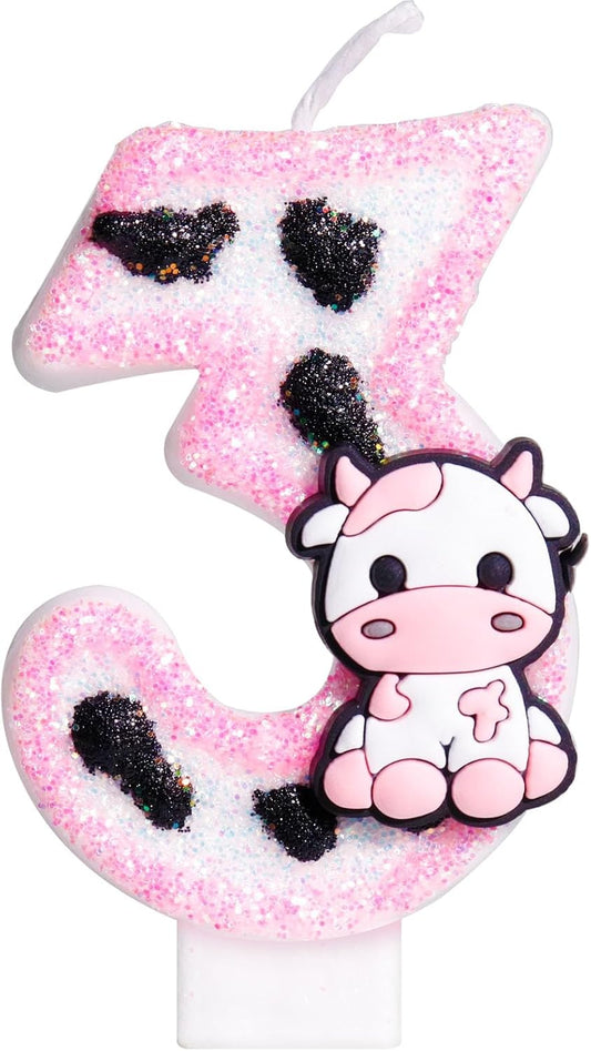 Pink Cow Glitter Birthday Candles Number 3 Birthday Decorations, 3 Year Old Birthday Decorations, Number 3 Candle for Cake, Cowgirl Theme Number Candle for Girls 3th Birthday Party Décor