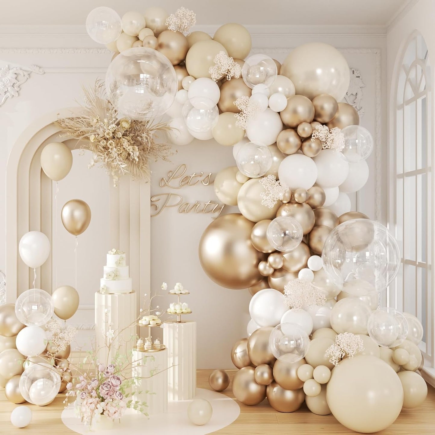 Beige Champagne Balloon Garland Arch Kit, Metallic Gold Sand Pearl White Clear Champagne Balloons for Engagement Bridal Baby Shower Wedding Anniversary Birthday Party Decorations