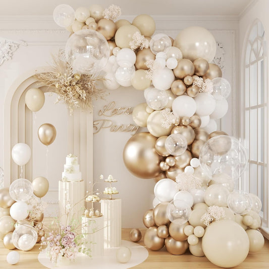 Beige Champagne Balloon Garland Arch Kit, Metallic Gold Sand Pearl White Clear Champagne Balloons for Engagement Bridal Baby Shower Wedding Anniversary Birthday Party Decorations