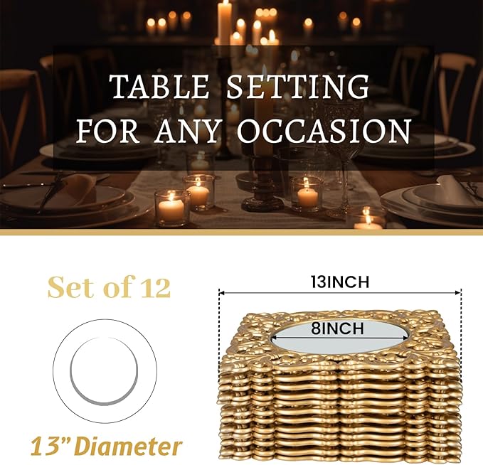 MAONAME 12" Gold Charger Plates Set of 12, Mirror Charger for Dinner Plates, Plastic Plate Chargers with Embossed Rims, Square Chargers for Table Setting, Wedding