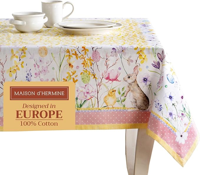 Maison d' Hermine Table Cloth Rectangle Table 100% Cotton 70 x 108 Inches Tablecloth Reusable Decorative for Dining Room Farmhouse Home Valentines Day Decorations Spring Summer - Easter Zest