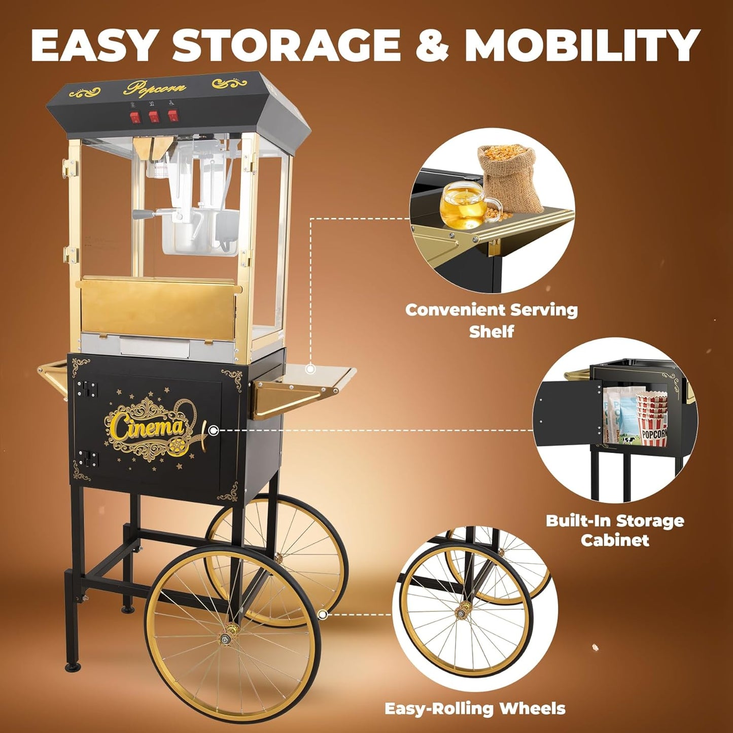 Upgraded 16oz Commercial Popcorn Machine with Cart, Large Popcorn Machine Makes Up to 80 Cups, Movie Theater Pop Corn Machine with Easy-Rolling wheels & Stainless-Steel Kettle, Black&Gold
