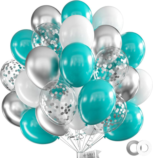 62Pcs 12Inch White Silver Teal Blue Balloon Arch Kit, Matte White Metallic Silver Confetti Party Balloons with Ribbons for Birthday, Wedding, Baby Shower, Graduation Decorations
