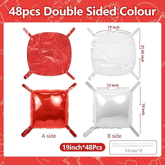NISOCY 48PCS Red White Square Foil Balloons Wall Backdrop Double Sided Red Pearl White Balloons Arch Kit for Birthday Wedding Bridal Shower Valentine Anniversary Party Decorations