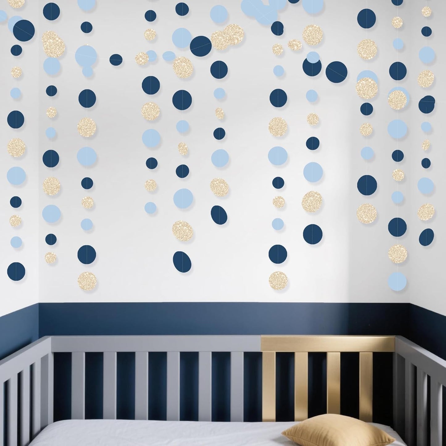 Navy Blue Champagne Gold Polka Dots Garland Hanging Paper Circle Dot Streamer for Birthday Baby Shower Wedding Graduation Engagement Bridal Shower Bachelorette Retirement Party Decorations Supplies