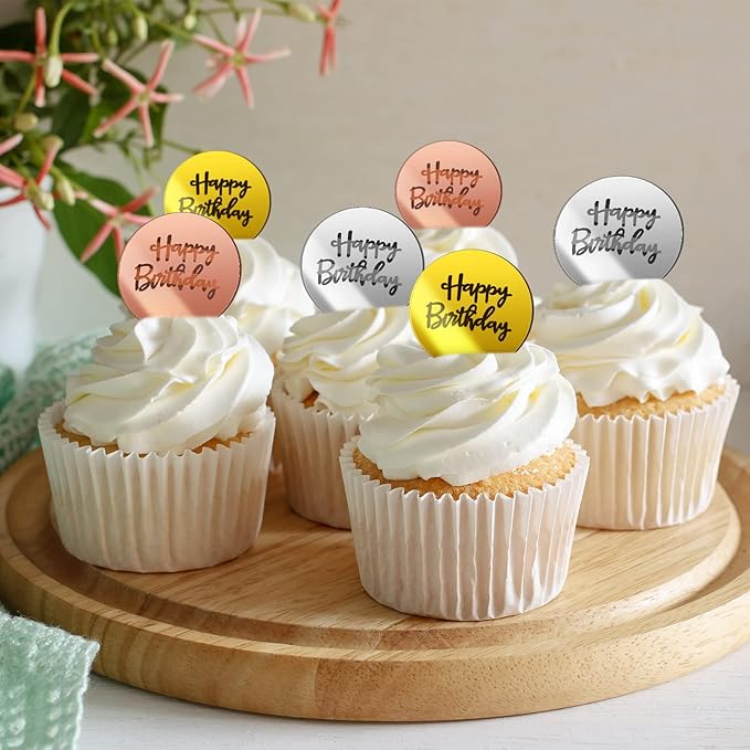Queekay 36 Pcs Mirror Acrylic Happy Birthday Cupcake Toppers, Acrylic Gold Rose Gold Silver Engraved Topper for DIY Cake Picks Round Pastries Birthday Party Anniversary Charm Decorations Supplies