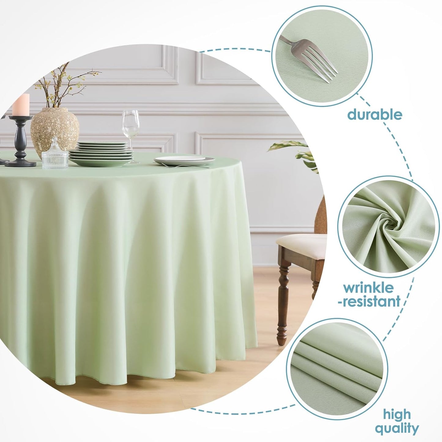 VidaFete Tablecloth 6 Pack 120inch Round Table Cloth Polyester, Stain Wrinkle Resistant Polyester Dining Table Cover for Kitchen Dinning Party Wedding Round Tabletop Buffet Decoration(Sagegreen)