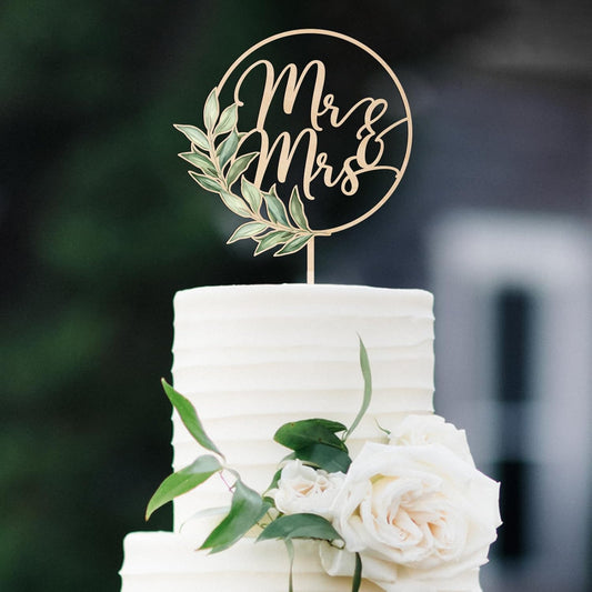 Mr & Mrs Cake Topper & 12 PCS Wedding Cupcake Toppers Green Wedding Decorations in Wood