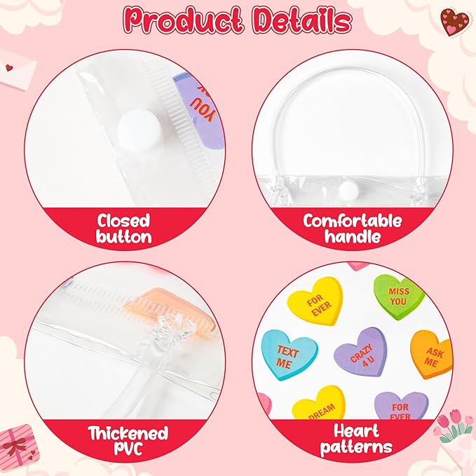 H1vojoxo Valentine's Day Gift Bags - 24PCS Wedding Conversation Heart Clear Bags 7.9x3.2x7.9 Inch Valentine Clear PVC Tote Bag with Handle Reusable PVC Gift Wrap Bag for Valentine Party Favor