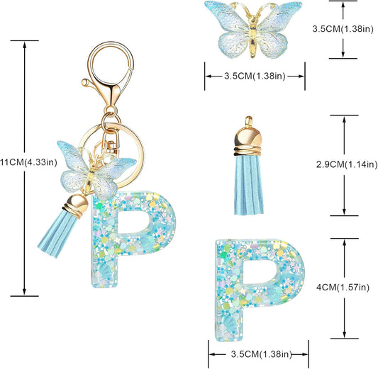Fashion Alphabet Initial Letter Keychain Tassel Butterfly Pendant Key Ring for Purse Handbags Women Girl
