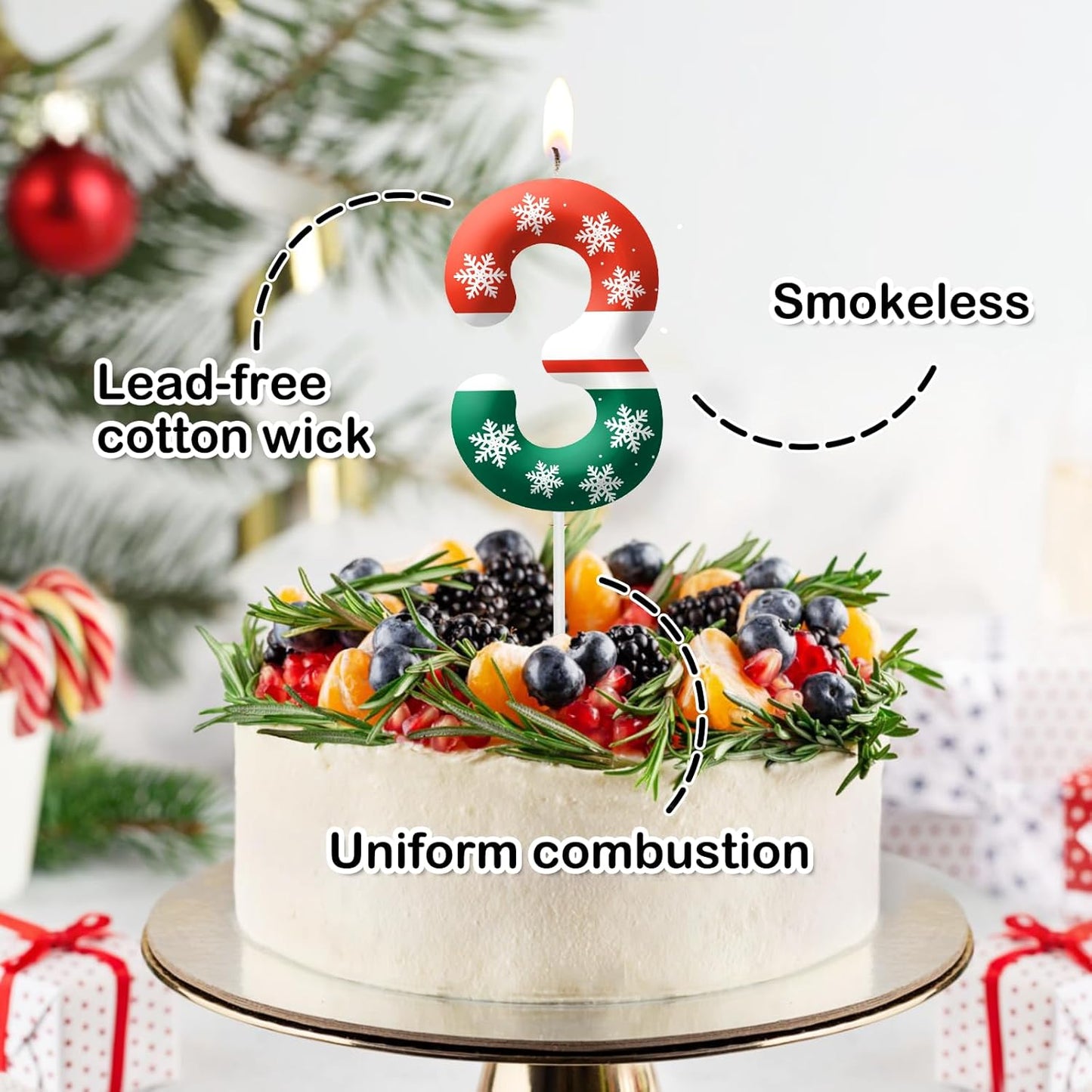 Christmas 3rd Birthday Number Candles, Number 3 Candle Cake Toppers for Christmas Themed Parties, 3rd Birthday Cake Candles for Boys and Girls, Kids Party Supplies