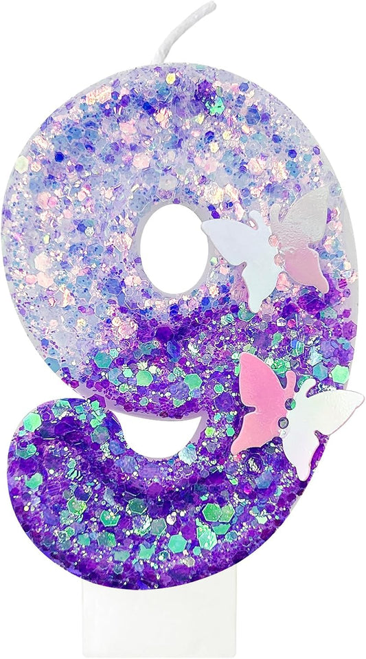 9Th Birthday Candle for Cake，Butterfly Cake Toppers，Butterfly Birthday Decorations，Purple Birthday Candles，for Birthdays,Theme Parties, Celebration, Anniversary