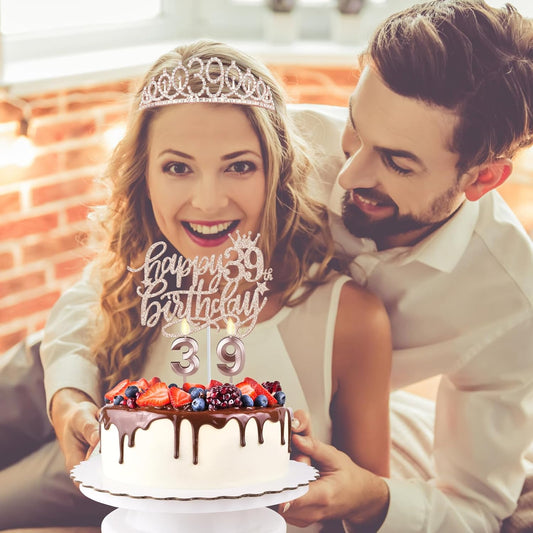 39th Birthday Decorations, Rose Gold Sash, Crown, Candles & Cake Topper, Set of 6 for Women