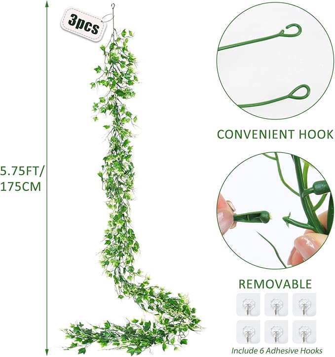 3 Pack Artificial Vine Greenery Decor - White Leaf Garland for Balcony, Mantle, Table, Arch & Backdrop Decor