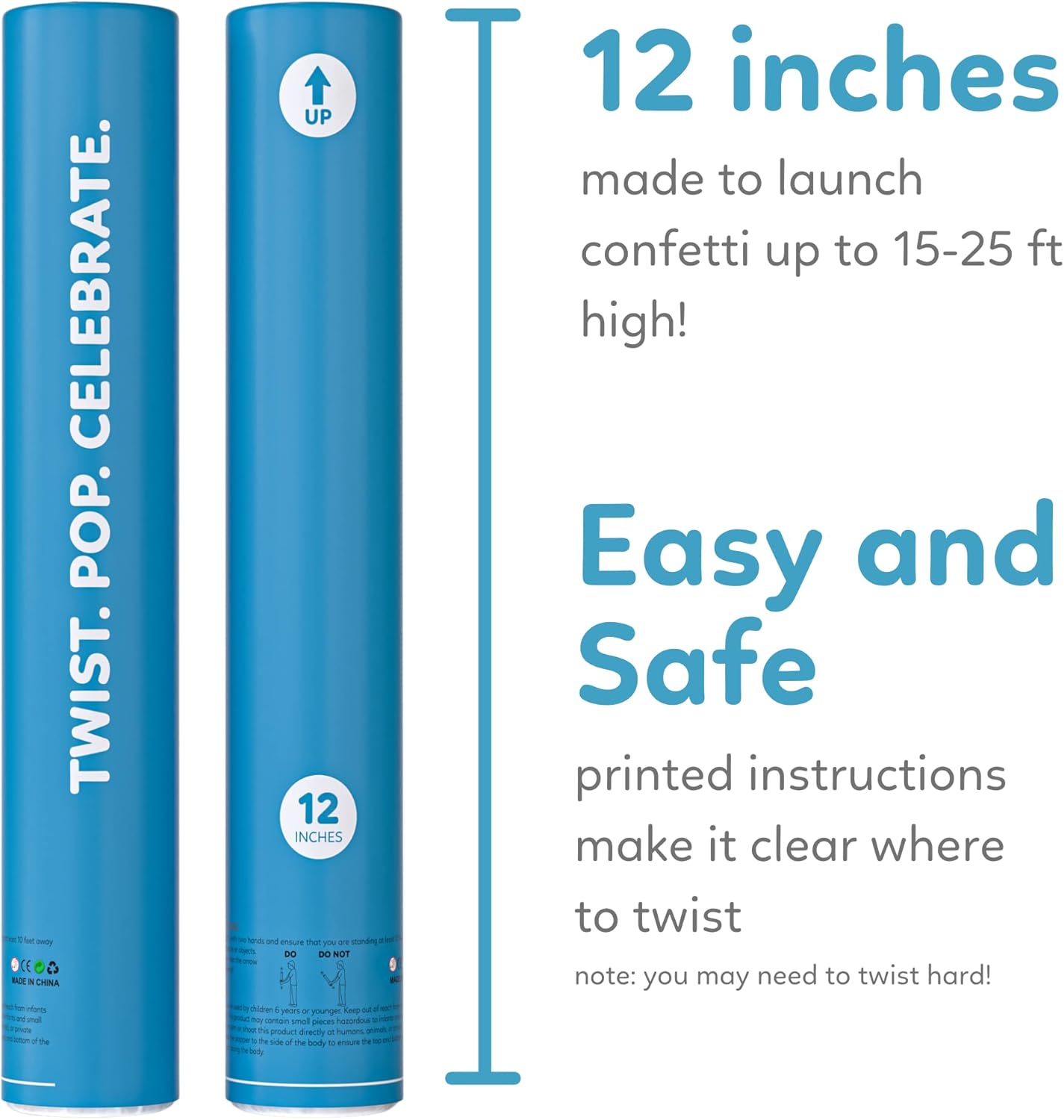 2 Pack Confetti Cannon Confetti Poppers | Biodegradable Blue Confetti | TUR Party Supplies | Launches Up to 25ft | Giant (12 in) | Party Poppers for Graduation, Birthdays, Weddings, and Memorial Day