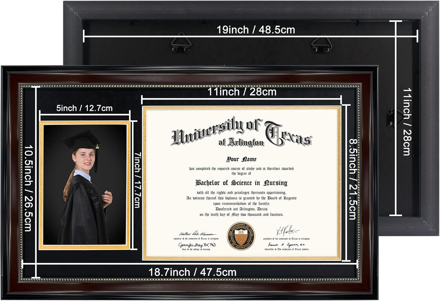 GraduationMall 11x19 Mahogany Diploma and Photo Frame for 8.5x11 Certificate,5x7 Picture,Real Glass,Black over Gold Double Mat