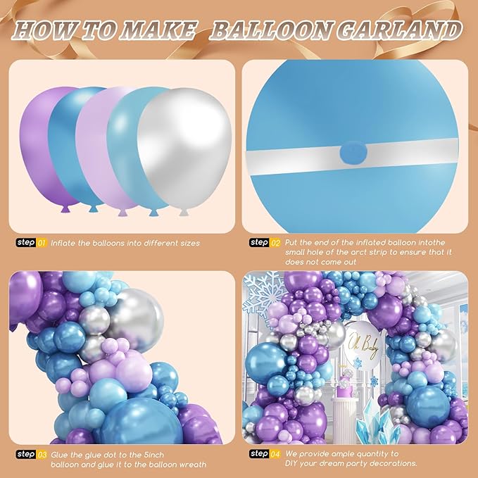 412pcs Blue Purple Balloon Garland Arch Kit, 18 12 10 5 inch Different Sizes Blue Purple Pearlescent Metallic Balloons for Princess Winter Wonderland Girl Baby Party Decorations