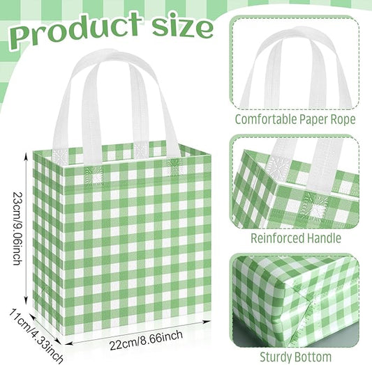 Sweetude 16 Pcs Green White Checkered Gift Bags with Handles Gingham Green and White Party Favors Non-woven Reusable Tote for Women Wedding Birthday Baby Shower Mother's Day Party Decorations
