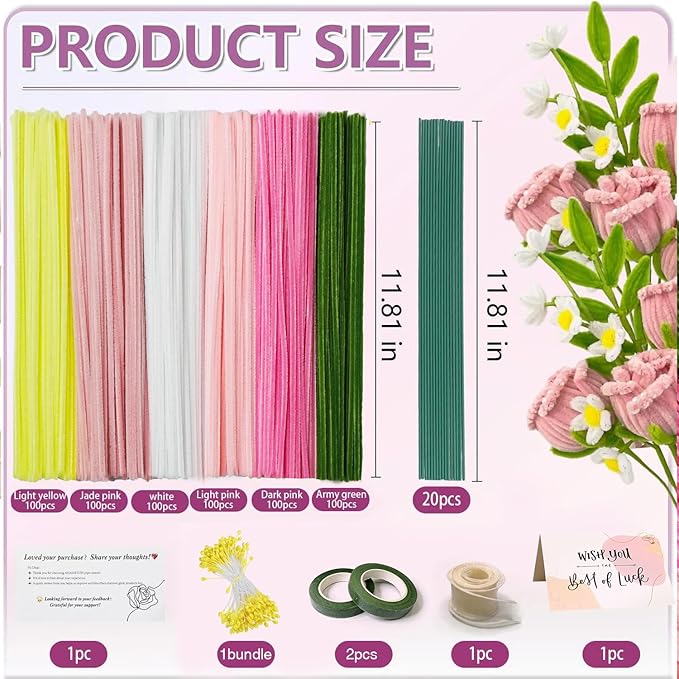 AHAMETON 620-Piece Pink Pipe Cleaner Complete Craft Kit - Enhanced Set with Flower Stems, Tape Rolls, Ribbon & Greeting Card for DIY Wedding Bouquets, Gift Projects