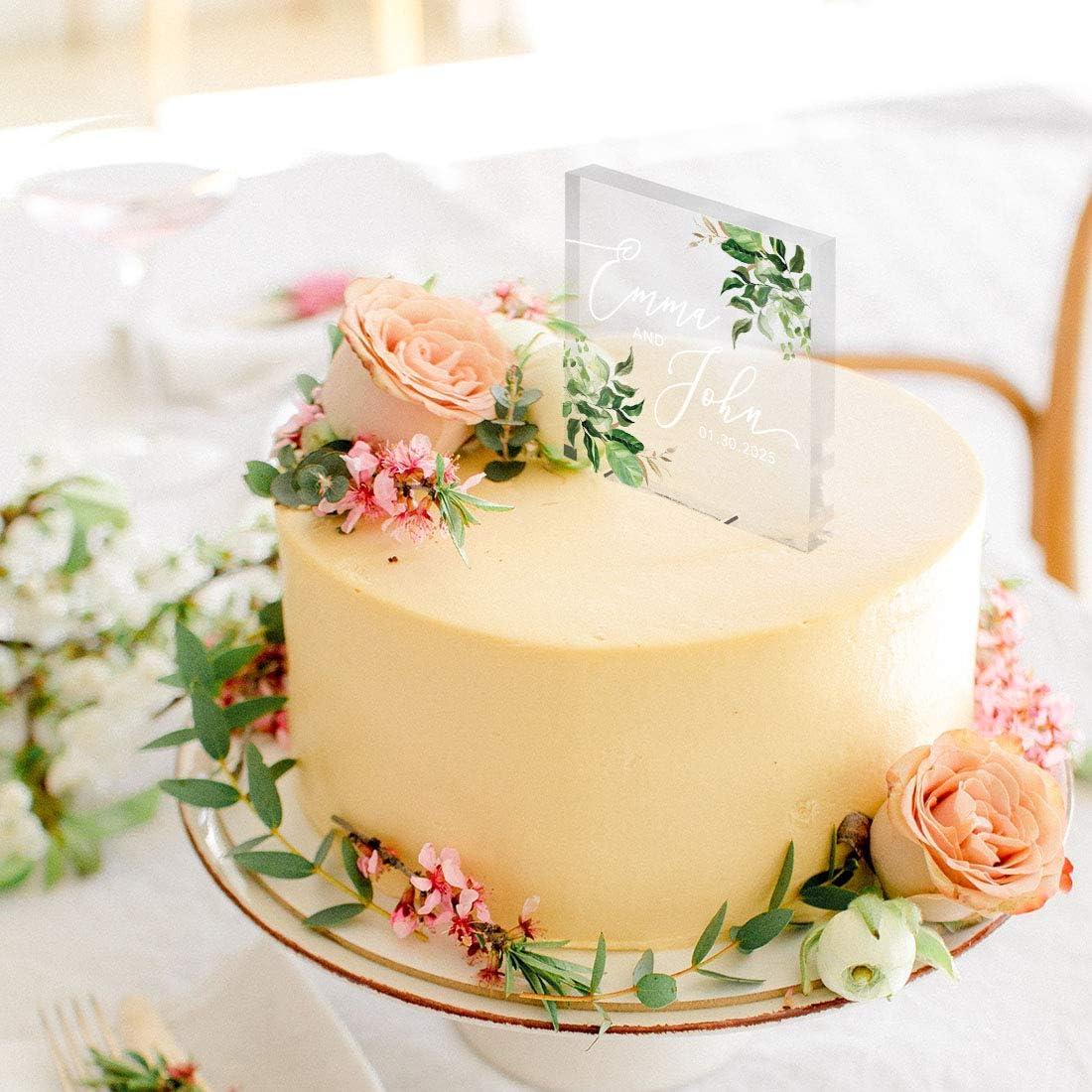 Andaz Press Greenery Eucalyptus Custom Wedding Cake Topper, Acrylic Square Personalized Couple Cake Topper