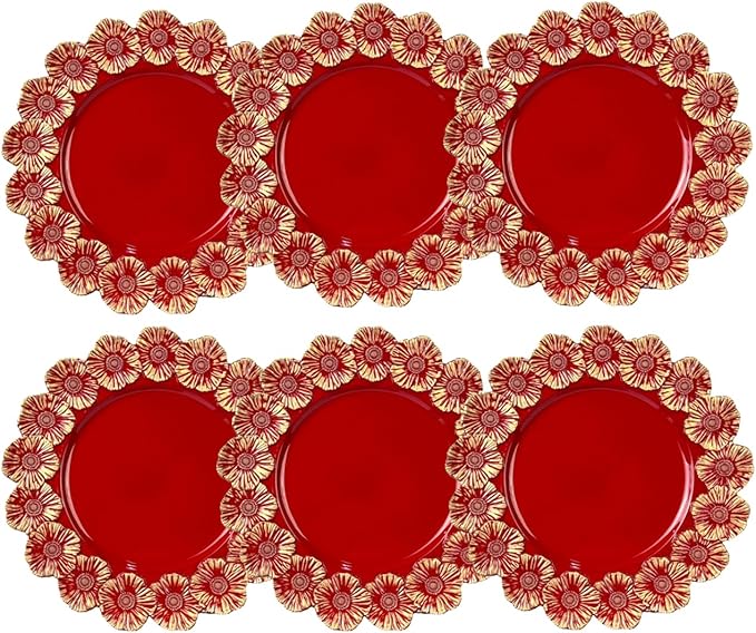 Red Charger Plates with Flower Rim, 13" Round Charger for Dinner Plates, Set of 6 Plastic Plate Chargers for Halloween, Thanksgivng, Christmas.