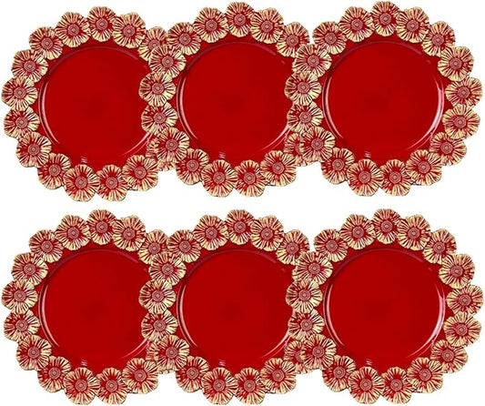 Red Charger Plates with Flower Rim, 13" Round Charger for Dinner Plates, Set of 6 Plastic Plate Chargers for Halloween, Thanksgivng, Christmas.