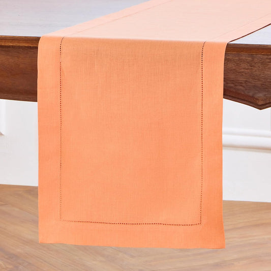 Solino Home Linen Coral Table Runner 120 Inches Long - 100% Pure Linen Hemstitch 14 x 120 Inch Table Runner for Dining - Classic Hemstitch