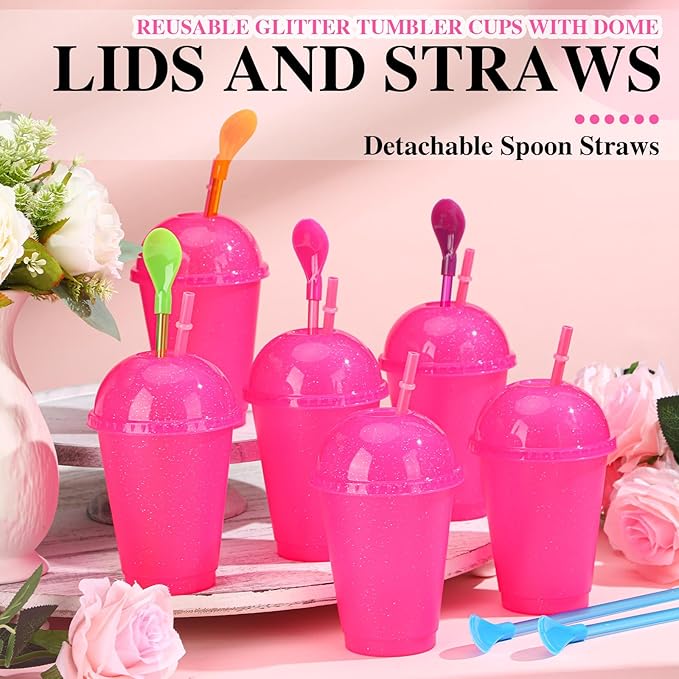 6 Set Slushie Cups with Dome Lids and Straws Detachable Spoon Straws Reusable Plastic Iced Coffee Cups Smoothie Tumbler for Birthdays Summer Party Supplies(Rose Red,16 oz)