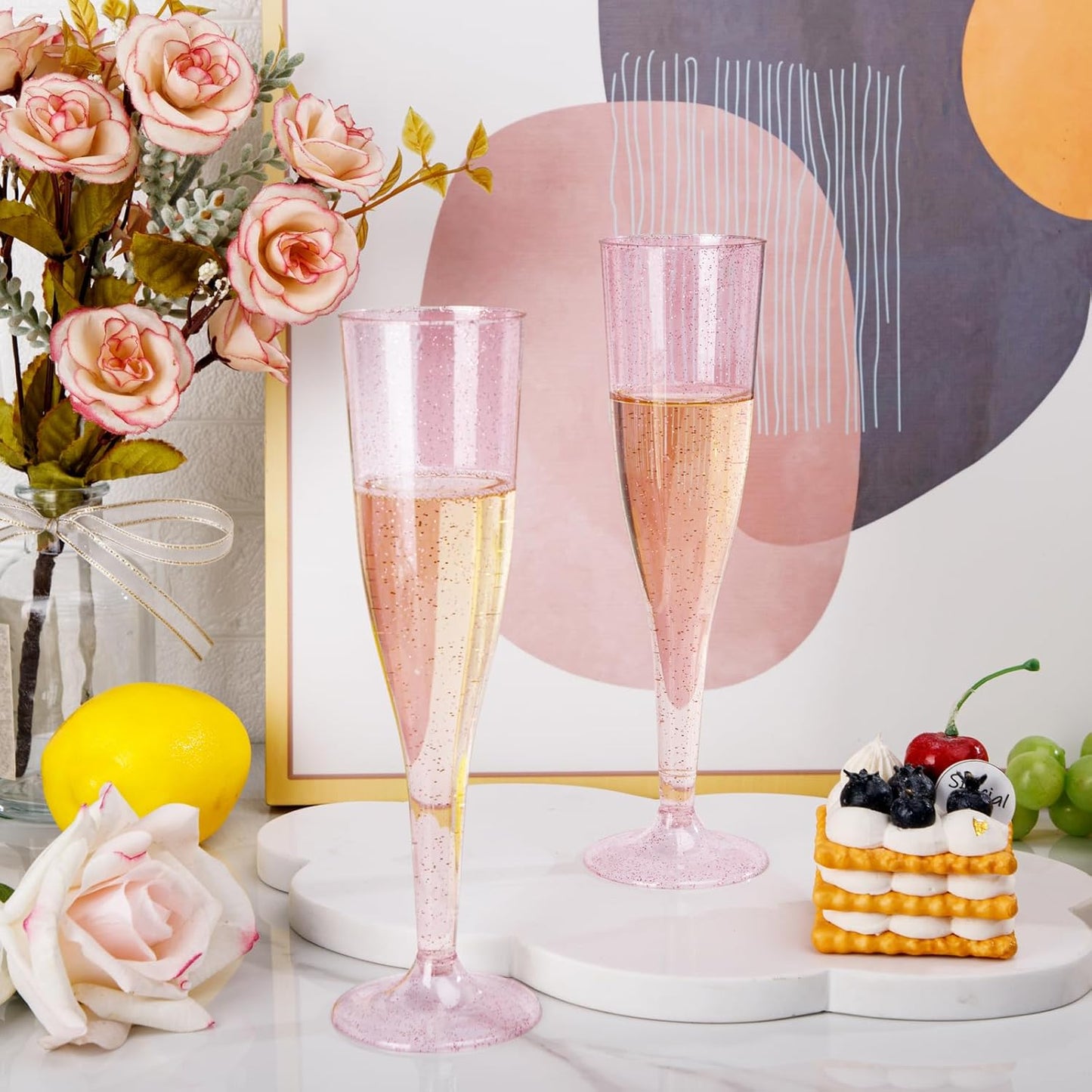 WDF 36 Pack Pink Glitter Plastic Champagne Flutes - 7OZ Disposable Pink Glasses Glitter Champagne Flutes Plastic for Party & Wedding