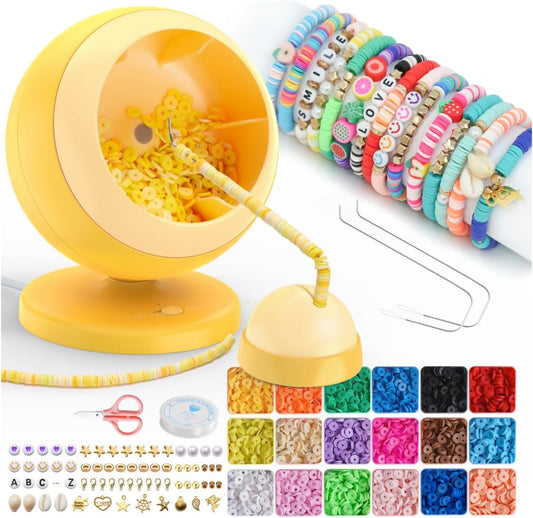 ETUDAW Bead Spinner, 4500 PCS Clay Beads and Electric Bracelet Maker with Needles and Thread for Bracelets, Necklace, Charms, DIY Birthday Gifts(Yellow)