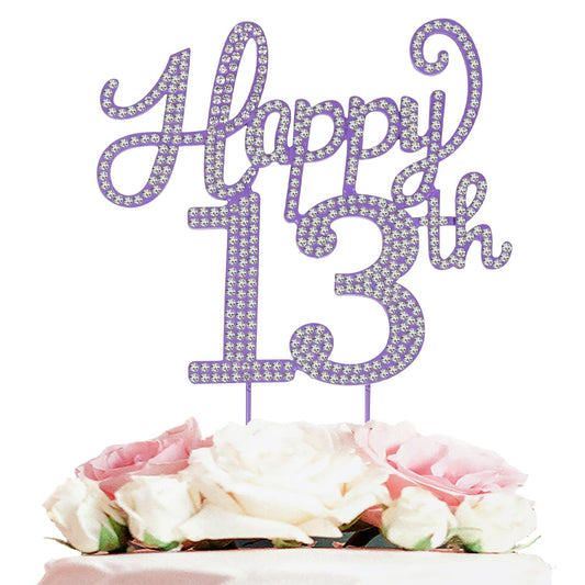 LASKYER Happy 13th Birthday Purple Rhinestone Cake Topper - 13th Birthday/Anniversary,Cheers to Thirteen Years Old Bday Party Metal Sparkly Centerpieces Decorations.