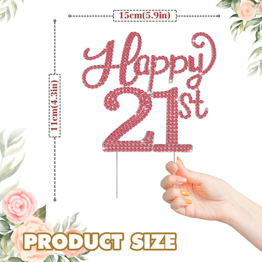 LASKYER Happy 21st Birthday Decorations,21st Birthday Silver & Red Rhinestone Cake Topper - Cheers to 21 Years Old Bday Party Metal Sparkly Cake Centerpieces Sign.