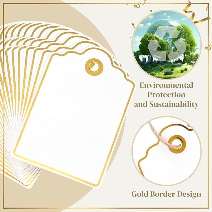VGOODALL 50PCS Gift Tags with String Attached, 2 x 3 Inches Paper Blank Hang Tags with String for Clothes DIY Crafts Wedding Holiday (White)