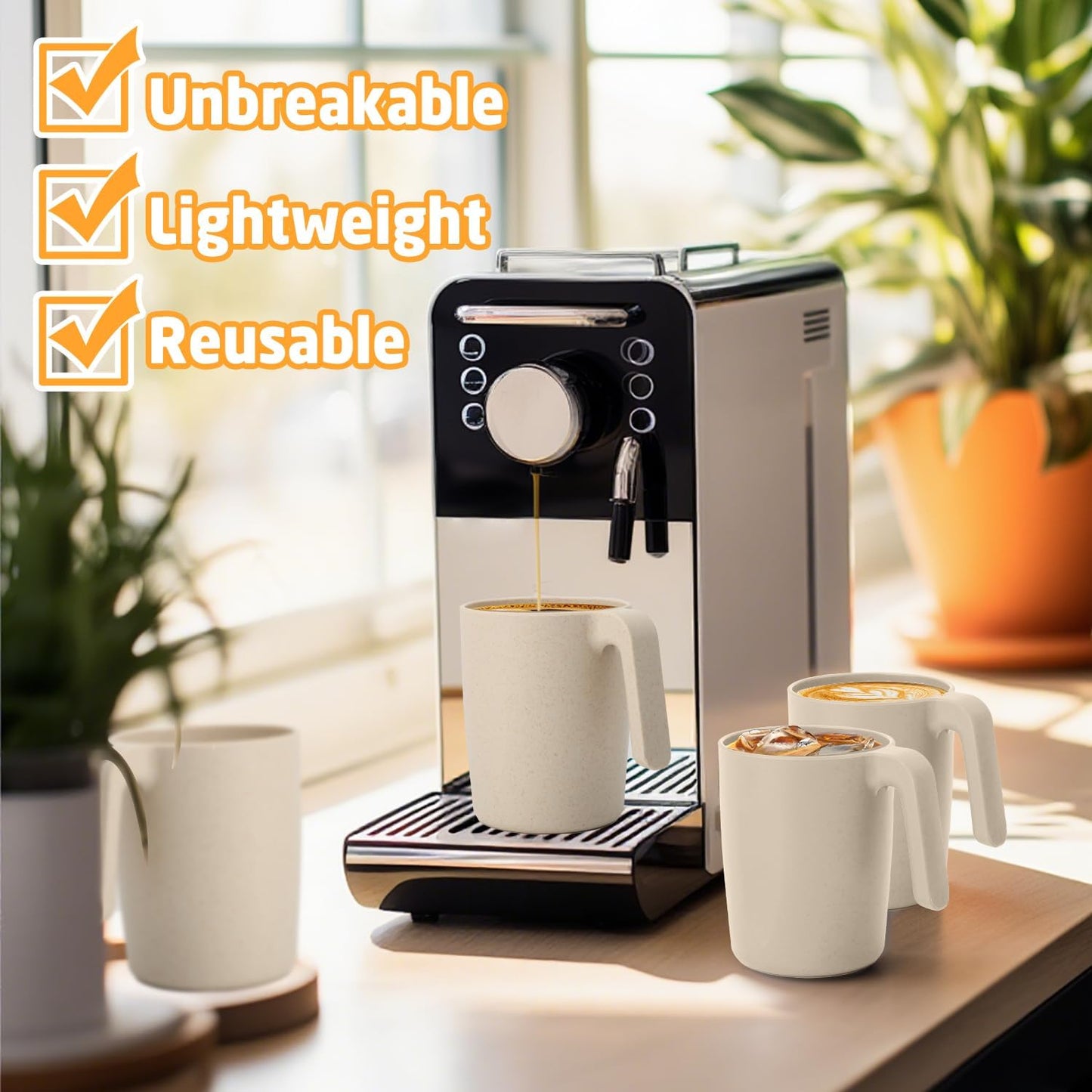 Coffee Mugs Set of 6, Wheat Straw Cups 16 oz, Resuable Plastic Coffee Mugs With Handle, Unbreakable Coffee Mugs, Dishwasher and Microwave safe Coffee Cups for Tea, Camping & Kitchen (Beige)