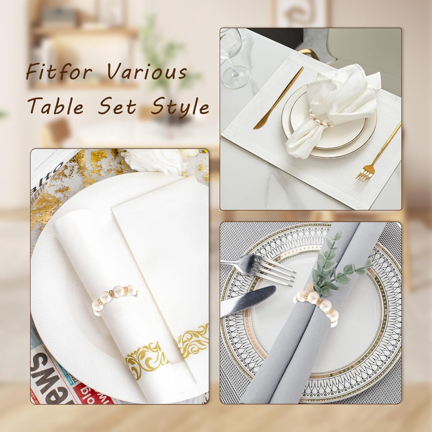 DaMohony 100pcs Pearl Napkin Rings, Golden Elastic Stretched Serviette Rings Buckle, Imitation Serviette Beaded Napkin Rings for Wedding Party Dining Table Decor