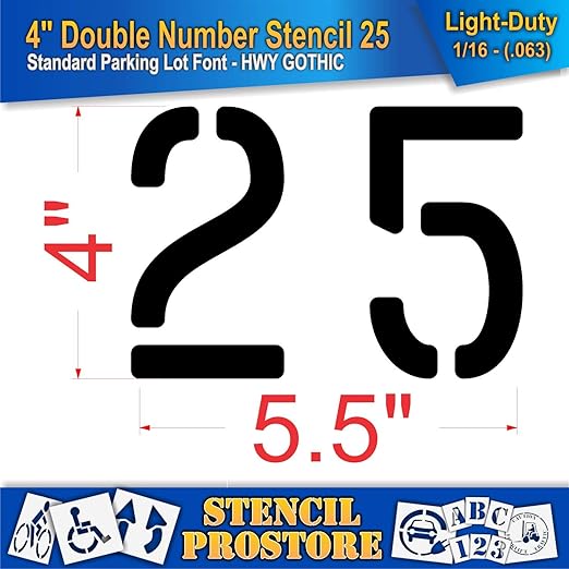 Pavement, Curb, and WheelStop Stencils - 4 inch Double Number Stencil - (25) - 4" x 5.5" x 1/16" (63 mil) - Light-Duty