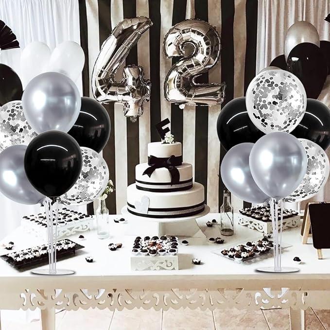 TONIFUL 4 Set Black and Silver Balloon Centerpiece for Table, Balloon Stand Kit for Birthday, Anniversary, Wedding, Halloween and Black Silver Party Decorations,2026 Graduation Decorations,Retirement