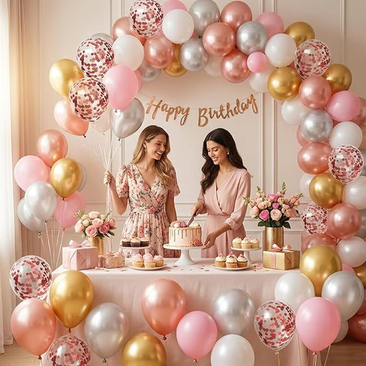 Rose Gold Balloons Arch Kit,130pcs Pearl Metallic Rose Gold Balloon Garland,Different Sizes White and Gold Latex Balloons for Wedding Bridal Baby Shower Birthday Party Decorations for Women
