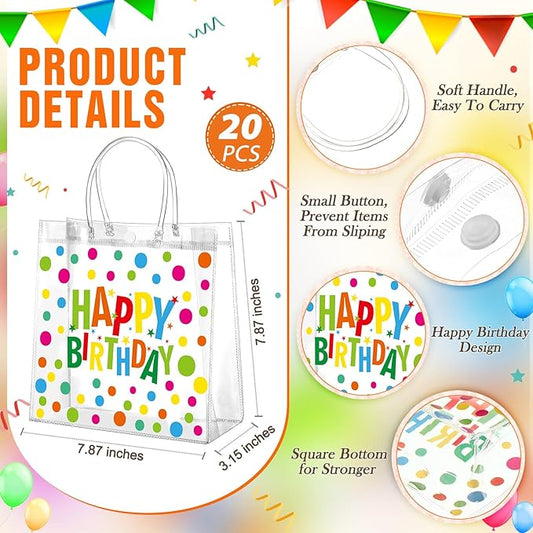 Kacctyen 24 Pcs Birthday Gift Bags for Party Favor Clear Birthday Goodie Bags with Handle 7.87 x 7.87 x 3.15 Return Gift Wrap Totes for Guests Treat Candy Wrapping