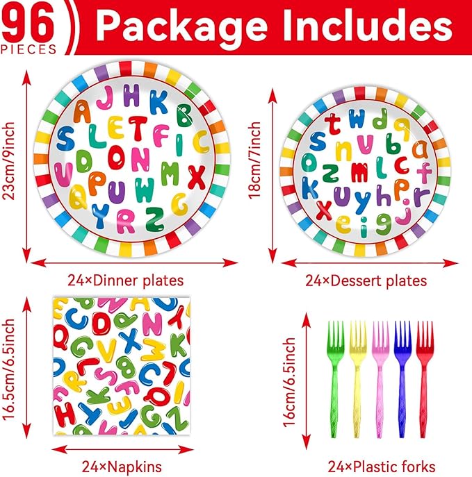 OBUSATT 96Pcs Alphabet Party Supplies ABC Birthday Paper Plates Napkins ABC Back to Party Decorations Early Dinnerware Tableware Favor Serves 24