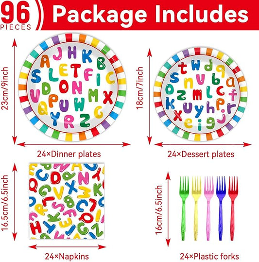 OBUSATT 96Pcs Alphabet Party Supplies ABC Birthday Paper Plates Napkins ABC Back to Party Decorations Early Dinnerware Tableware Favor Serves 24