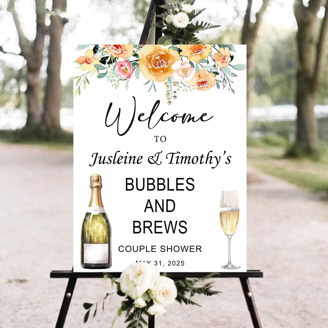 Personalized Greenery Eucalyptus Bubbles and Brews Couples Shower Welcome Sign, Gold Modern Minimalist Wedding Shower Bridal Party Decoration, Outdoor Plastic Sign Weatherproof #14
