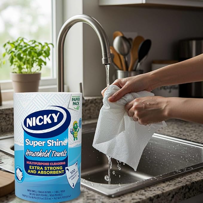 Nicky® Super Shine Multipurpose Paper Towel | Plastic Free Packaging | Paper Wrap | Larger Sheets | 3 Ply | Ultra Strong and Absorbent