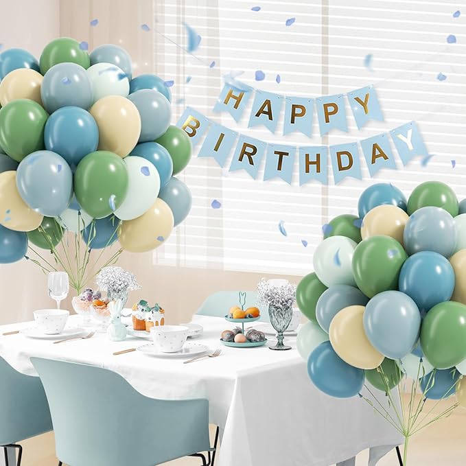 60pcs Blue and Green Balloons - Sage, Dusty Blue, Pastel Green, Nude for Bridal, Woodland, Birthday, Baby Shower Decorations