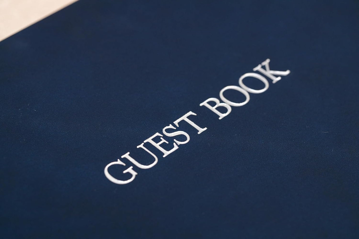 Embossed Guestbook - 11.5 x 8.5 Large Luxury Modern Cream Canvas Linen Embossed Hard Cover Guest Book for Wedding, Birthday & Events, Blank Pages (Navy)