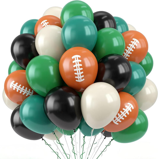 Paready Football Balloons Set, 60Pcs Green Football Printed Balloon, 12Inch Dark Green Black Retro Ivory White Latex Balloons for Boys Men Birthday Sports Football Themed Birthday Party Decorations