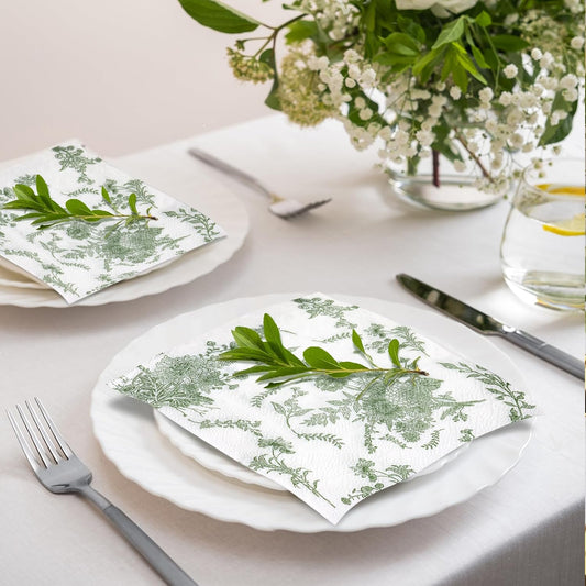 100Pack Sage Green Floral Cocktail Napkins Disposable Wedding Paper Napkin Decorative Green & White Hydrangea Flower Guest Hand Towel Fancy Dinner Napkin for Bridal Baby Shower Birthday Party Supplies