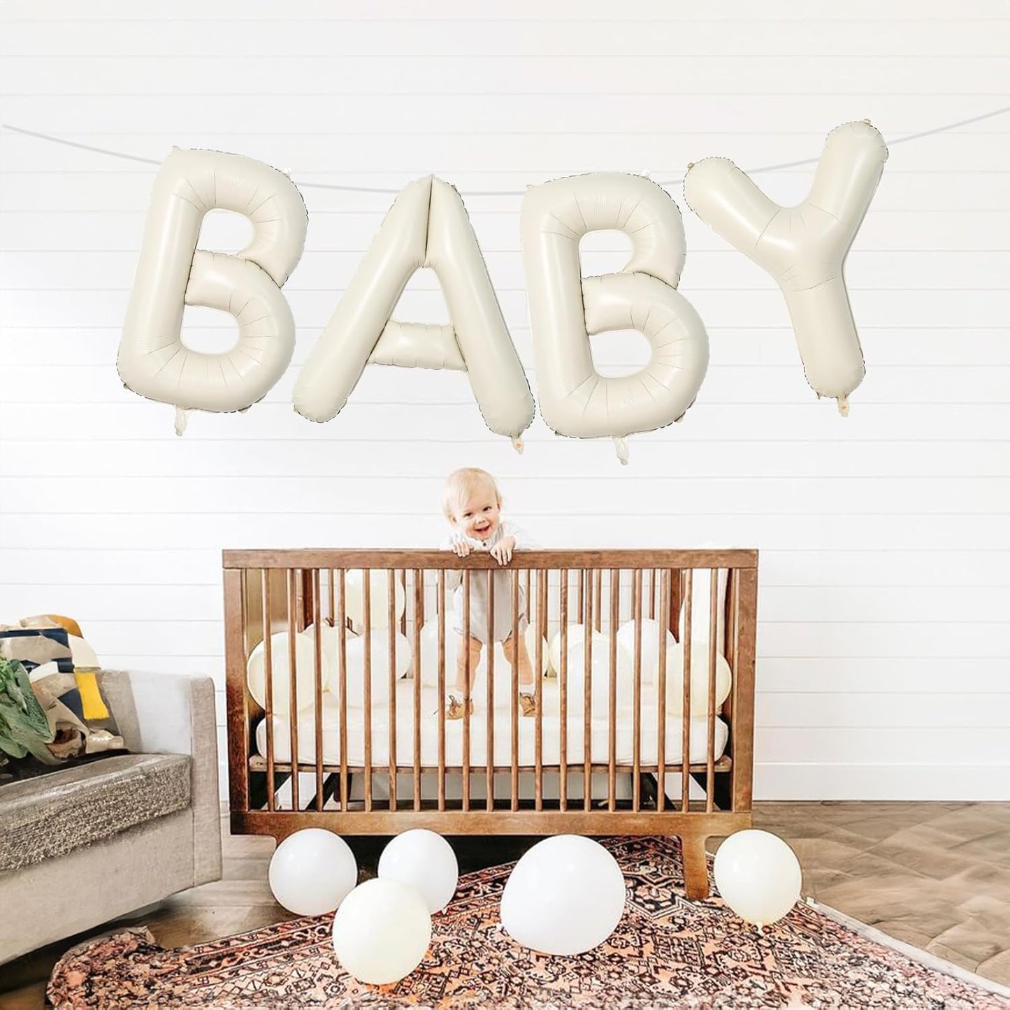 40 Inch Beige BABY Balloon for Baby Shower, Large Cream White Baby Foil Balloons Letters with Ribbon, Neutral Ivory Alphabet Baby Mylar Balloon Banner Sign for Gender Reveal Backdrop Party Decorations