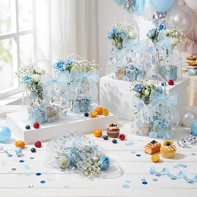 Wesnoy 24 Pcs Clear Floral Gift Bags with Handles Rose Blue Flower PVC Treat Tote Bag for Tea Birthday Party Wedding Bridal Shower Bachelorette Anniversary Engagement Guests, 7.8 x 7.8 x 3.2 Inch